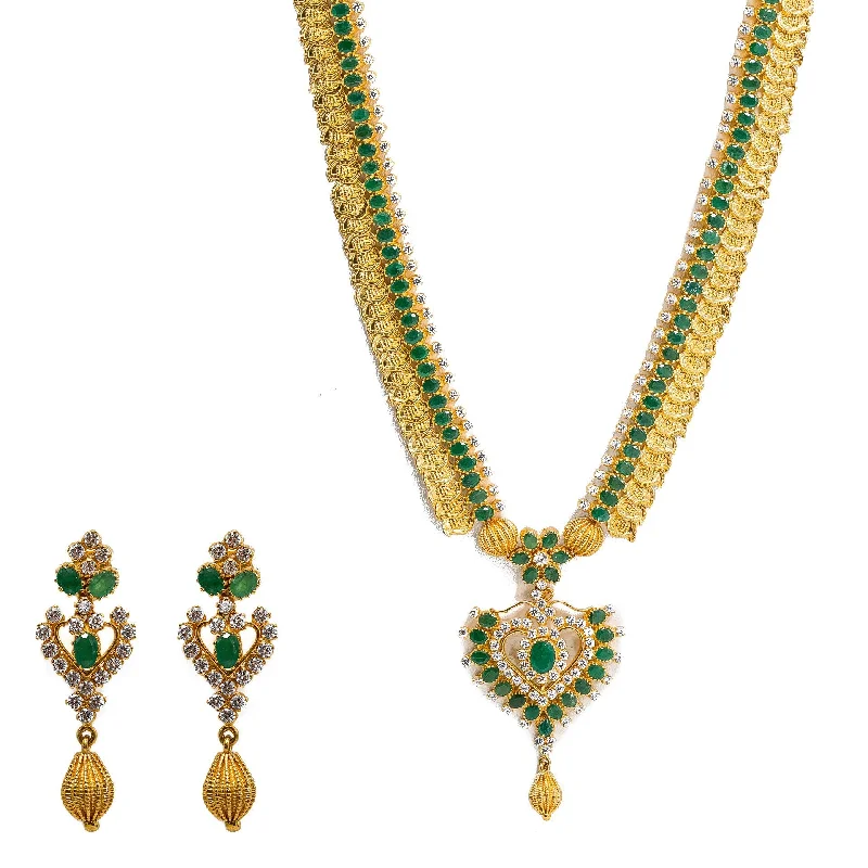 Gold Bar Necklace-22K Yellow Gold Necklace & Earrings Set W/ Emeralds, CZ Gems & Large Heart Pendants