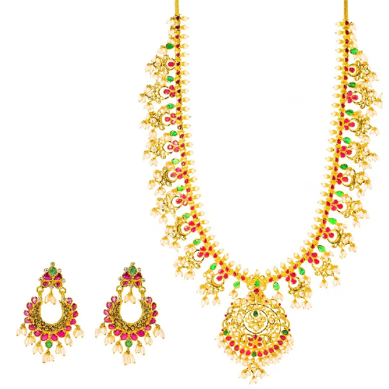 Multi-Layer Necklace-22K Yellow Gold Antique Guttapusalu Necklace and Earrings Set W/ Emeralds, Pearls, CZ, Rubies & Round Pendant