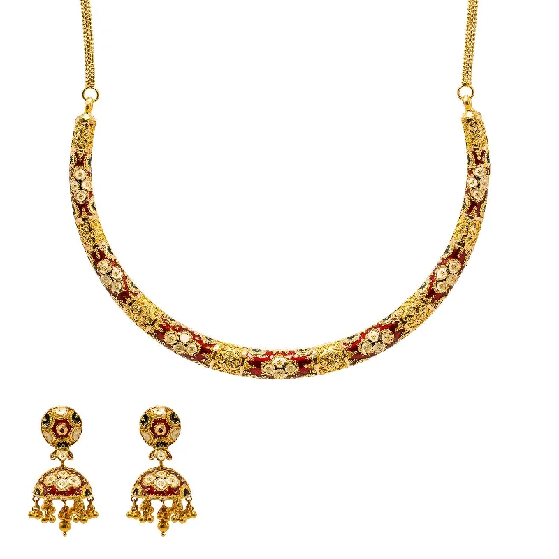 Custom Family Tree Necklace-22K Yellow Gold Necklace & Jhumki Earrings Set W/ Meenakari Hand Paint & Beaded Filigree