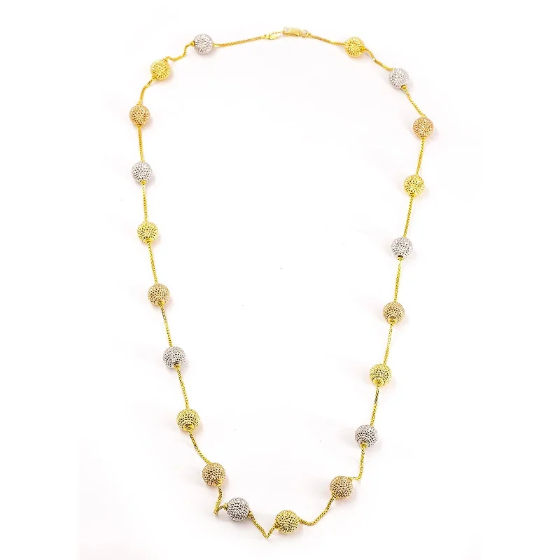 Fashion Necklace for Party-22K Multi Tone Gold Chain W/ Baubles on Small Herringbone Pattern Chain