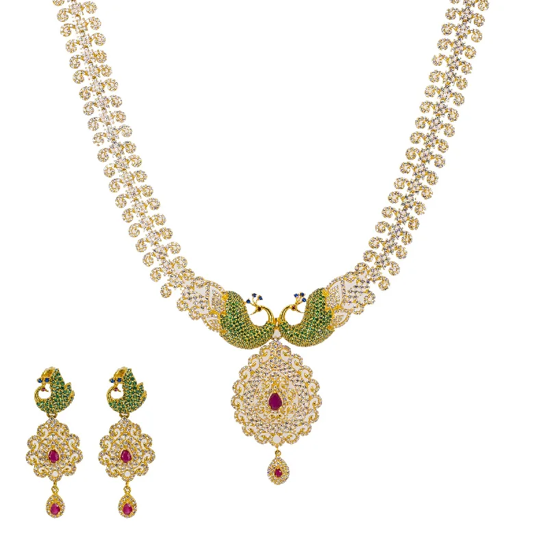 Custom Pendant Necklace-22K Yellow Gold Long Necklace & Earrings Set W/ Rubies, Multi-colored CZ & Encrusted Peacock Accents