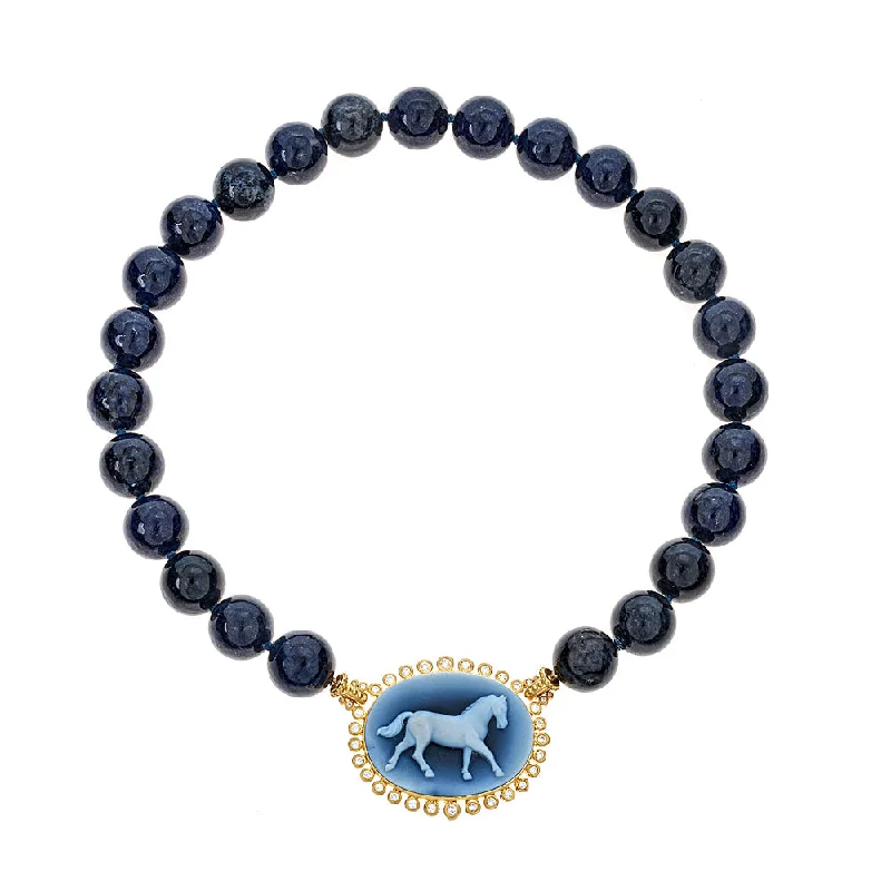 Large Pendant Necklace-Horse Cameo Diamond & Kyanite Necklace