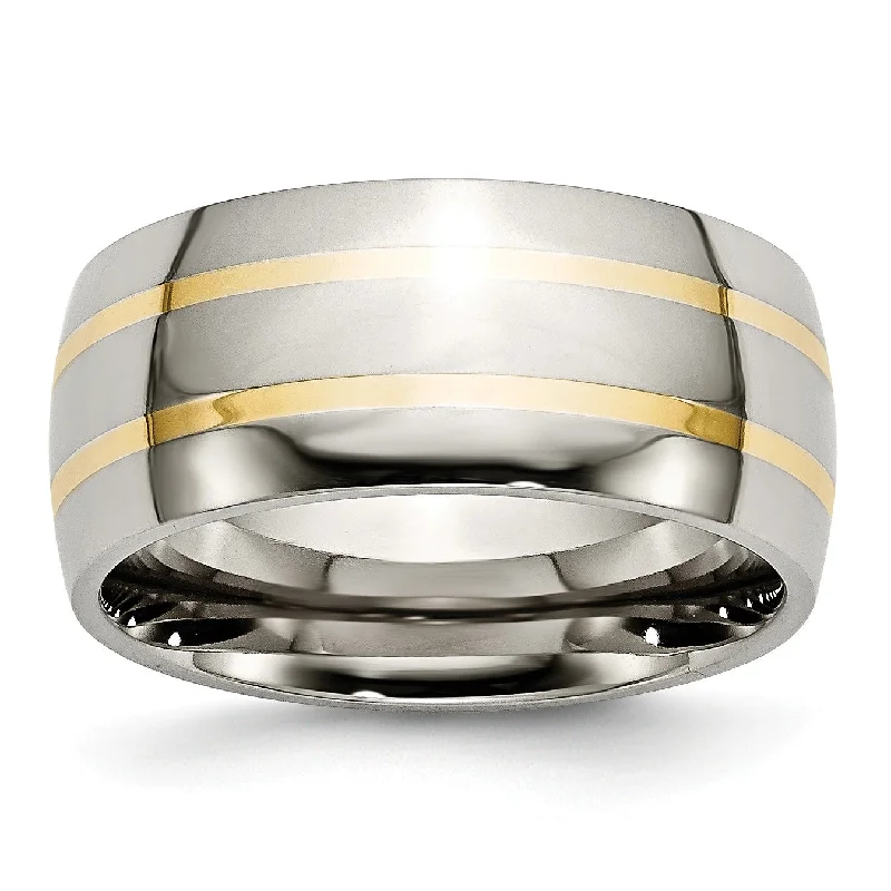 Chunky Silver Ring-Titanium 14k Yellow Inlay 10mm Polished Band