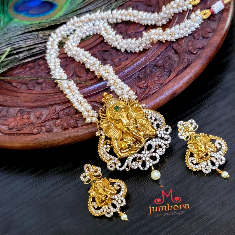 Dainty Gold Necklace-Cluster Pearl Ganesha AD Zircon (CZ) Temple Jewelry Necklace Set