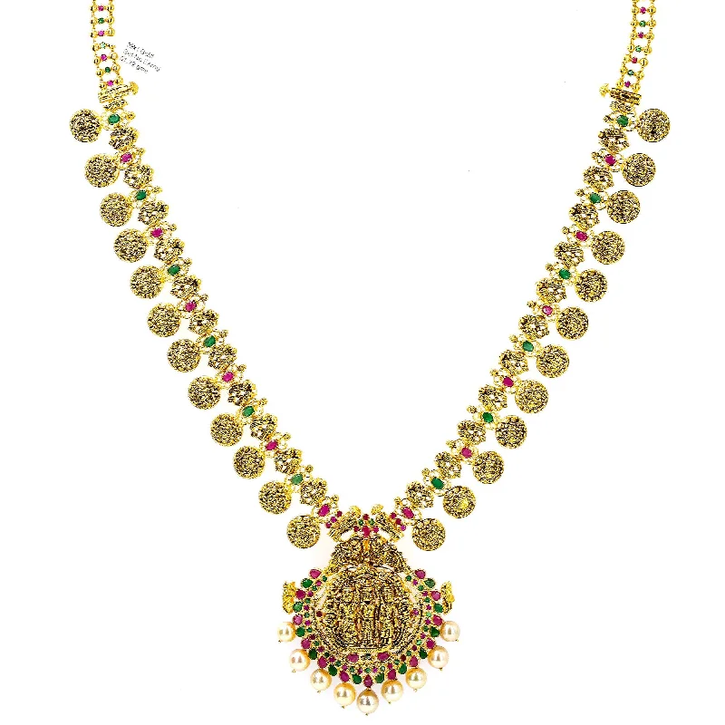 Long Silver Necklace-22K Yellow Antique Gold Ram Parivar Haaram Necklace W/ Emeralds, Rubies, Pearls & Ram Parivar Kasu