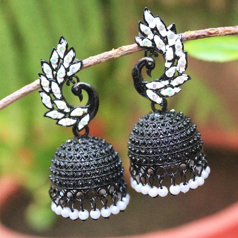 Gold Plated Earrings-H K Fashion Black Polish Austrian Stone Jhumki Earrings