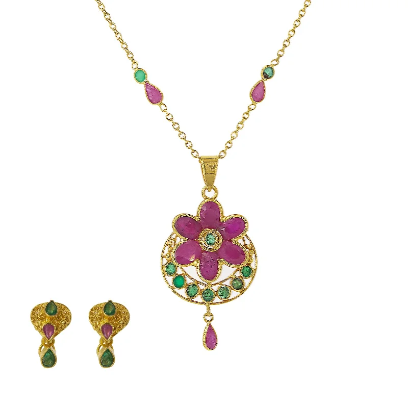 Simple Diamond Necklace-22K Yellow Gold Pendant & Chain Set W/ Ornate Ruby Flower