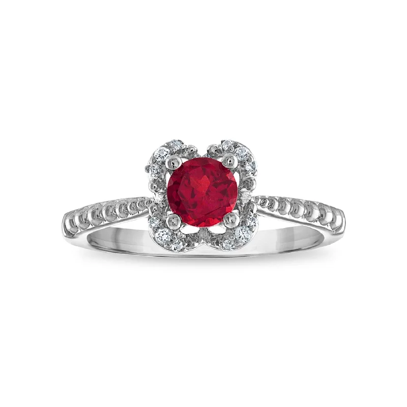 Heart-Shaped Engagement Ring-5MM Round Ruby and White Sapphire Birthstone Flower Halo Ring in Sterling Silver