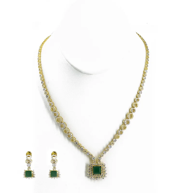 Antique Gold Necklace-18K Multi Tone Gold Diamond Earring & Necklace Set W/ VVS Diamonds & Emeralds on Square Pendant