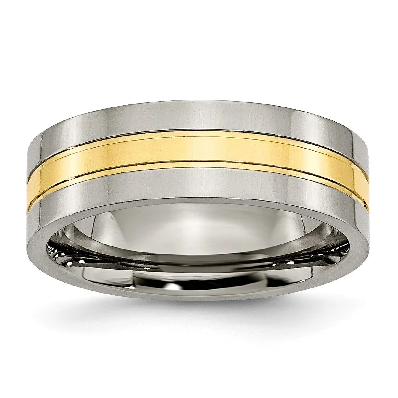 Wedding Ring with Yellow Diamonds-Titanium Yellow IP-plated Grooved 7mm Polished Band