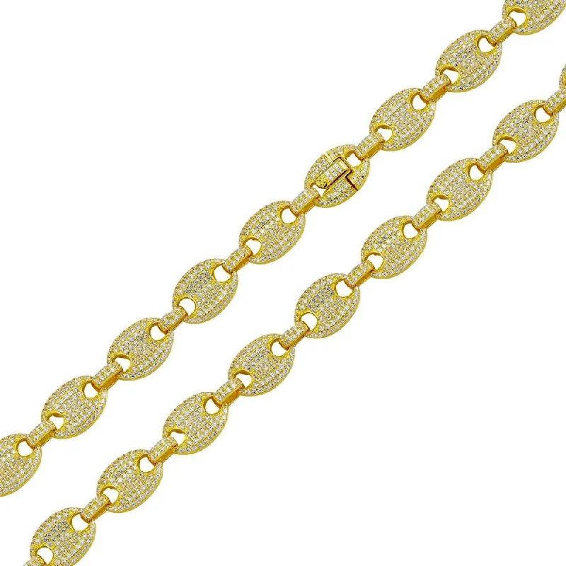 Personalized Bar Bracelet-Gold Plated 925 Sterling Silver CZ Encrusted Oval Link Chain or Bracelet 11.8mm - CHCZ106 GP