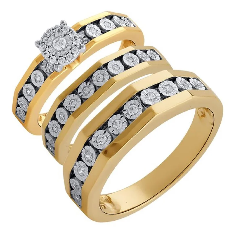 Diamond Eternity Ring-1/3 CTW Diamond Halo Wedding Trio Set in 10KT White and Yellow Gold