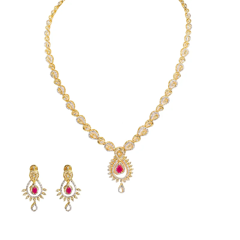 Simple Diamond Necklace-18K  Multi Tone Gold Diamond Necklace & Earrings Set W/ VVS Diamonds, Rubies, Emeralds & Faceted Pear Shape Details