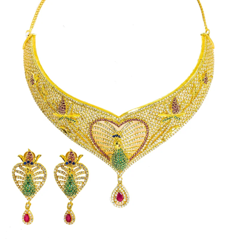 Vintage Gold Necklace-22K Yellow Gold Choker & Drop Earrings Set W/ Ruby, CZ, Peacock Heart Design & Drop Pear Pendant