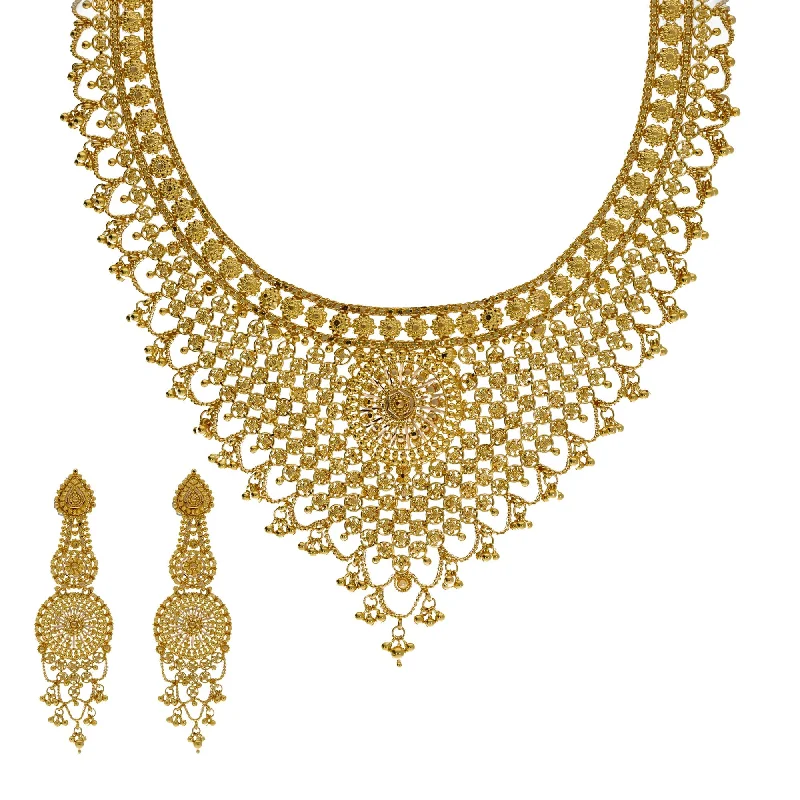 Gold Necklace for Party-22K Yellow Gold Necklace & Earrings Set W/ Interlocked V-Stole Design