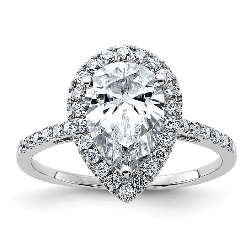 Solitaire Diamond Ring for Engagement-10X7MM Pear Moissanite Halo Engagement Ring in 14KT White Gold; Size 7