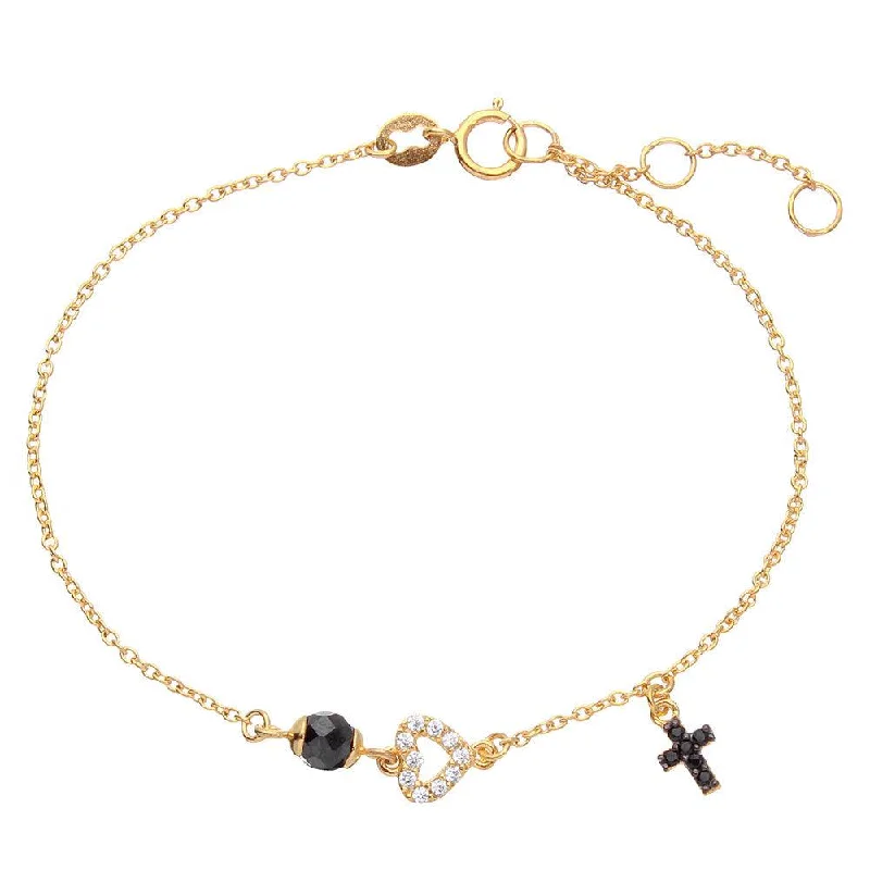 Classic Silver Bracelet-Gold Plated 925 Sterling Silver Bracelet with Cross, Open Heart and Black CZ Bead - BGB00279