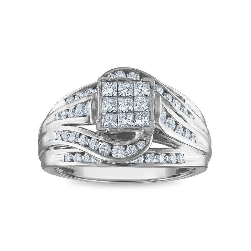 Diamond Cluster Ring-1 CTW Diamond Engagement Ring in 10KT White Gold