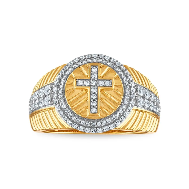 Custom Name Ring-3/4 CTW Diamond Cross Rolex-look Ring in 10KT Yellow Gold