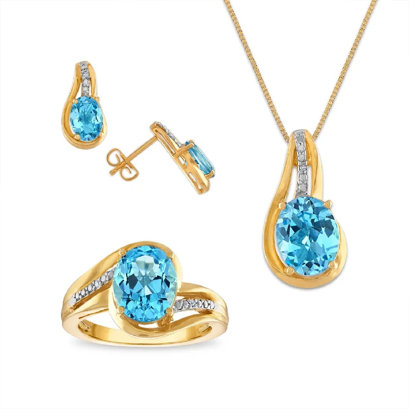 Gold Wedding Ring with Engraving-Blue Topaz & White Sapphire Ring Pendant Earrings Set in Gold Plated Silver