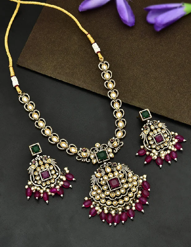 Beaded Necklace for Women-Zirconia Ruby Stone And Emerald Stone Peacock Design Victorian Necklace Set