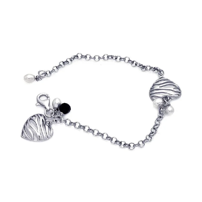 Friendship Bracelet for Teens-Clearance-Silver 925 Rhodium Plated Matte Finish Hanging Two Pearl Zebra Patter Open Heart Bracelet - BGB00072