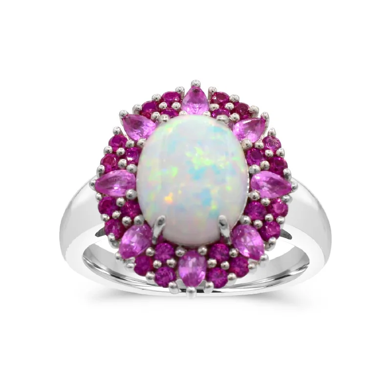 Silver Band Ring-10X8MM Oval Opal and Sapphire Halo Ring in Sterling Silver