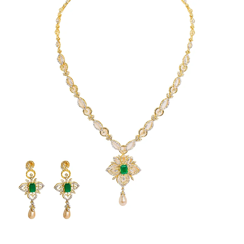 Wedding Necklace for Bride-18K  Multi Tone Gold Diamond Necklace & Earrings Set W/ VVS Diamonds, Rubies, Emeralds, Pearls & Lotus Flower Pendant