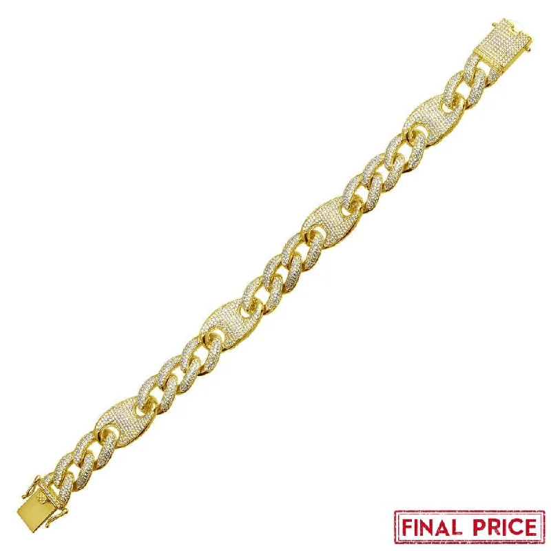 Silver Rope Bracelet-Gold Plated 925 Sterling Silver CZ Encrusted Figaro Mariner Bracelet 14.5mm - GMB00077GP