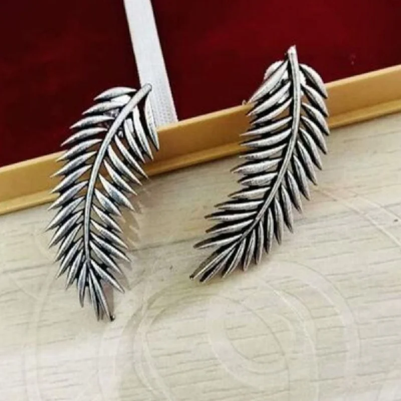 Unique Metal Earrings-Bevy Pearls Oxidised Plated Feather Designs Earrings