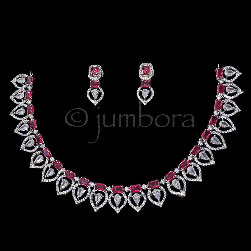 Handmade Gemstone Necklace-Burgandy Red AD Zircon CZ Necklace in White Gold Finish