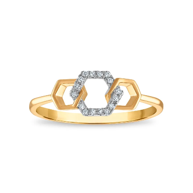 Bold Silver Band Ring-Diamond Accent Hexagon Ring in 10KT Yellow Gold