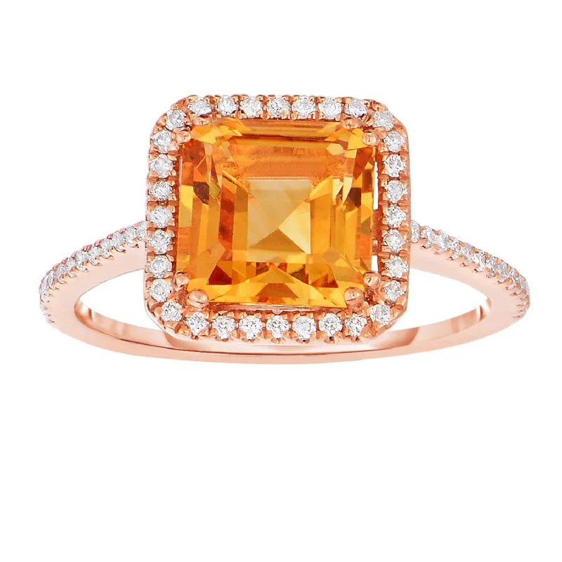 Stackable Wedding Bands-8MM Asscher Citrine and Diamond Halo Ring in 14KT Rose Gold