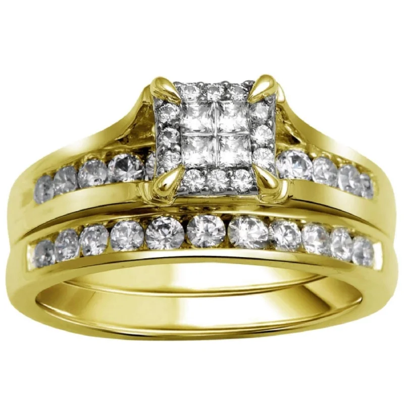 Elegant Silver Engagement Ring-1 CTW Diamond Halo Bridal Set Ring in 10KT Yellow Gold