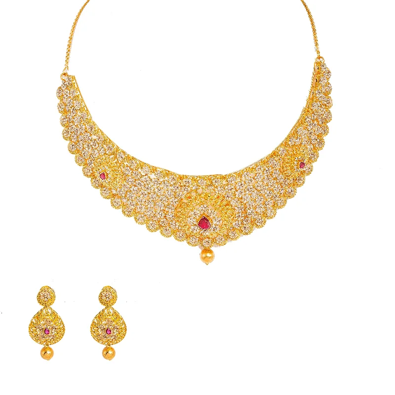 Retro Style Necklace-22K Yellow Gold Diamond Necklace & Earrings Set W/ 26.98ct Uncut Diamonds, Rubies & Clustered Flowers on Bib Necklace