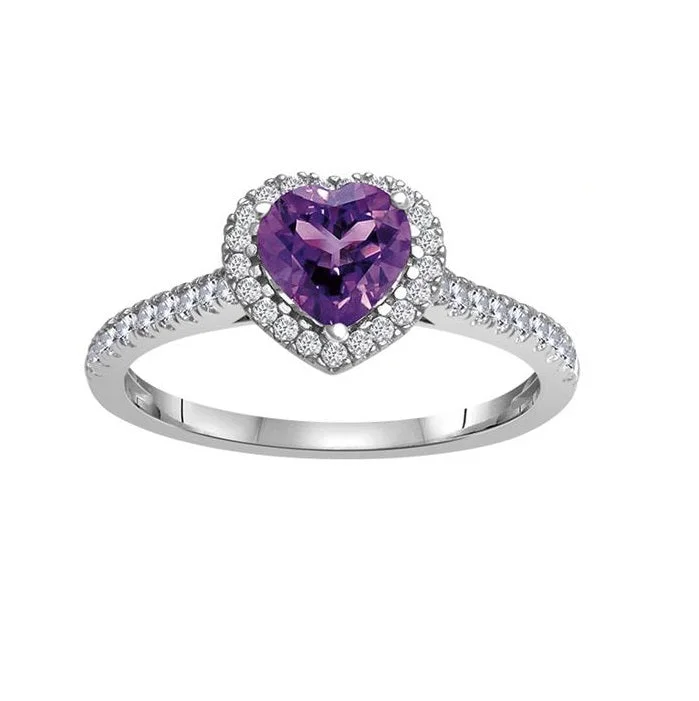 Heart Shaped Ring for Women-6MM Heart Shape Amethyst and White Sapphire Birthstone Heart Ring in 10KT White Gold