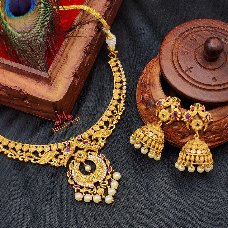 Retro Style Necklace-Traditional Matte Antique Gold Necklace with Jhumka