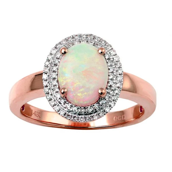 Wedding Ring Set with Diamonds-Color Sensations 9X7MM Oval Opal and Diamond Halo Ring in 14KT Rose Gold