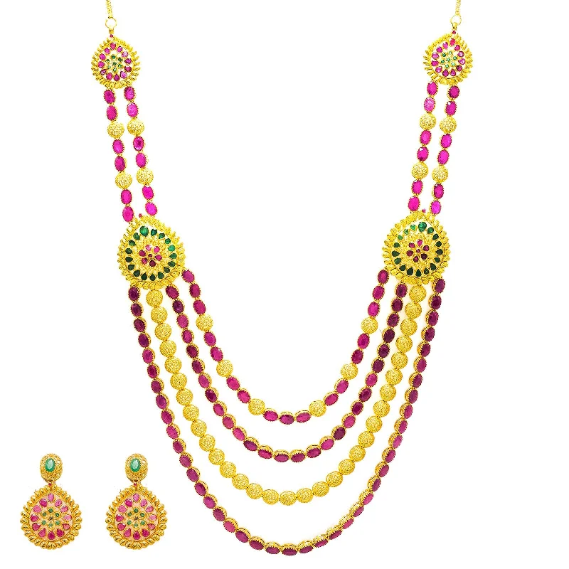 Bold Crystal Necklace-22K Yellow Gold Necklace & Earrings Set W/ Emeralds, Rubies & Ornate Draped Design