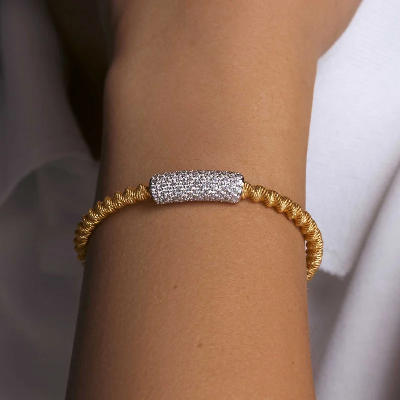 Vintage Leather Bracelet-Gold Plated 925 Sterling Silver Italian Bracelet with CZ - ITB00095GP