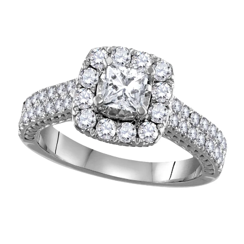 Unique Wedding Band-Signature 1 1/2 CTW Diamond Halo Engagement Ring in 14KT White Gold