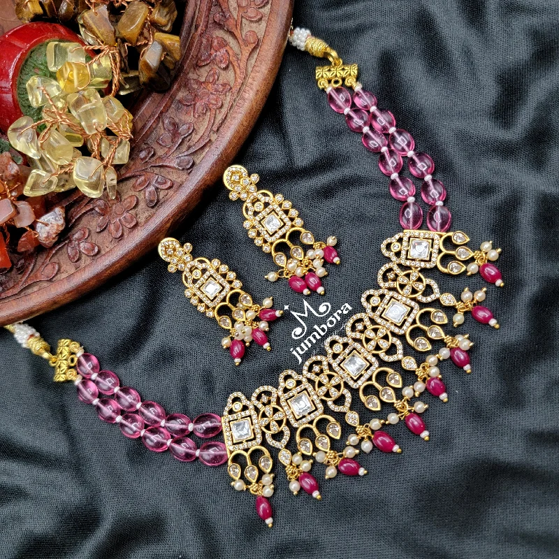 Ethnic Necklace for Women-White AD Zircon (CZ) Stone Necklace with Pink Monalisa Stone Choker Style