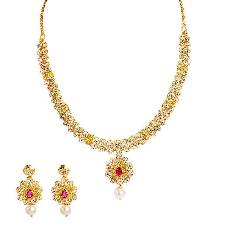 Chunky Chain Necklace-22K Yellow Gold Diamond Necklace and Earrings Set W/ 14.24ct Uncut Diamonds, Rubies, Pearls & Clustered Flower Designs