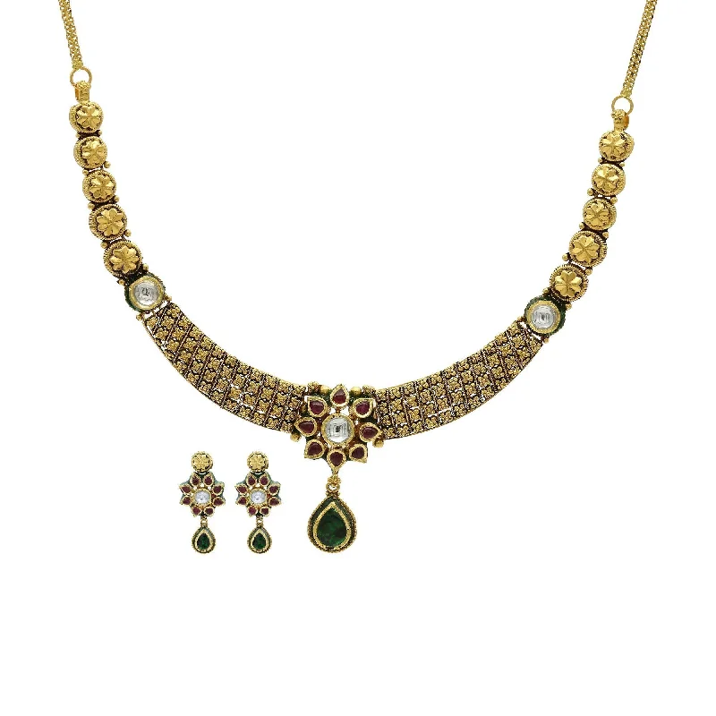 Handmade Gold Necklace-22K Gold Ruby Emerald Kundan Floral Necklace & Earrings Set