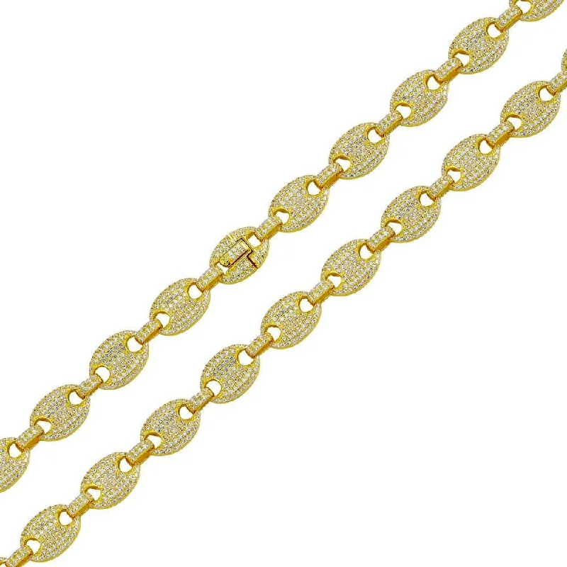 Modern Silver Bracelet-Gold Plated 925 Sterling Silver CZ Encrusted Oval Link Chain or Bracelet 10.5mm - CHCZ114 GP