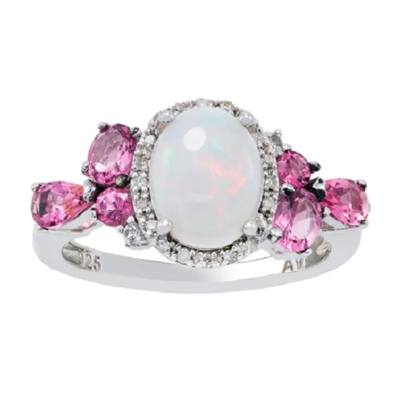 Custom Engagement Ring with Birthstone-9X7MM Oval Opal and Pink Sapphire Gem Stone Halo Ring in Sterling Silver