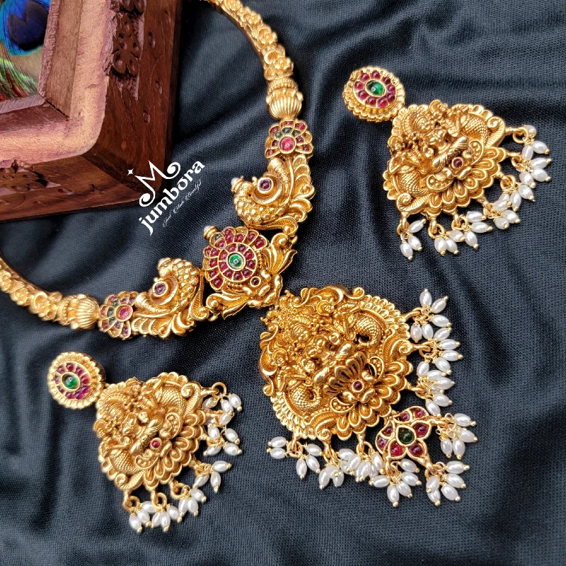 Luxury Chain Necklace for Women-Kaante Style Kempu Lakshmi Necklace Set Temple Jewelry