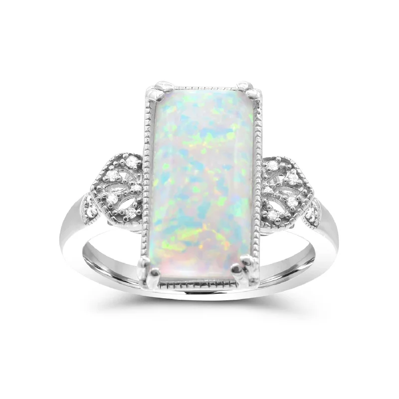 Dainty Engagement Ring-Red Hot Deal  14X7MM Baguette Opal and Diamond Fashion Ring in Sterling Silver