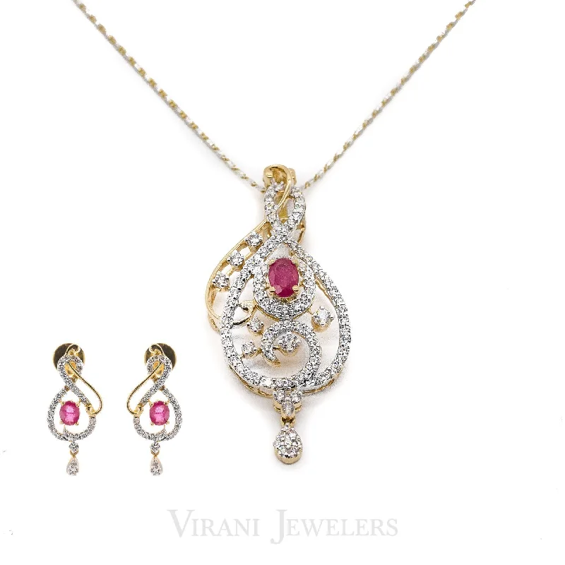 Beaded Necklace for Women-1.46 CT Round Brilliant Diamond Ruby Pendant and Earrings Set in 18K Yellow & White Gold