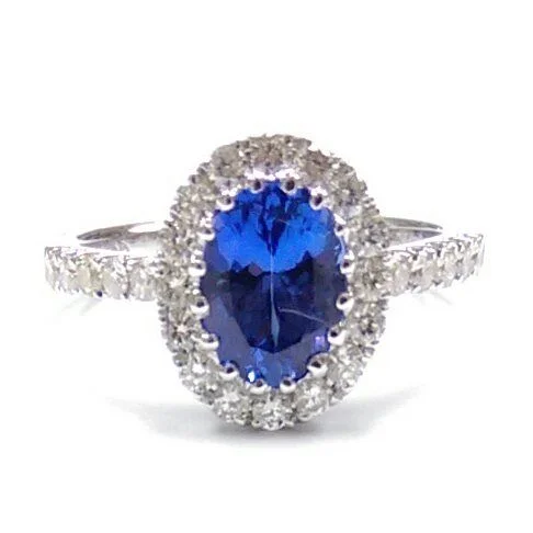 Wedding Ring with Sapphire Stones-6X8MM Oval Tanzanite and Diamond Halo Ring in 14KT White Gold